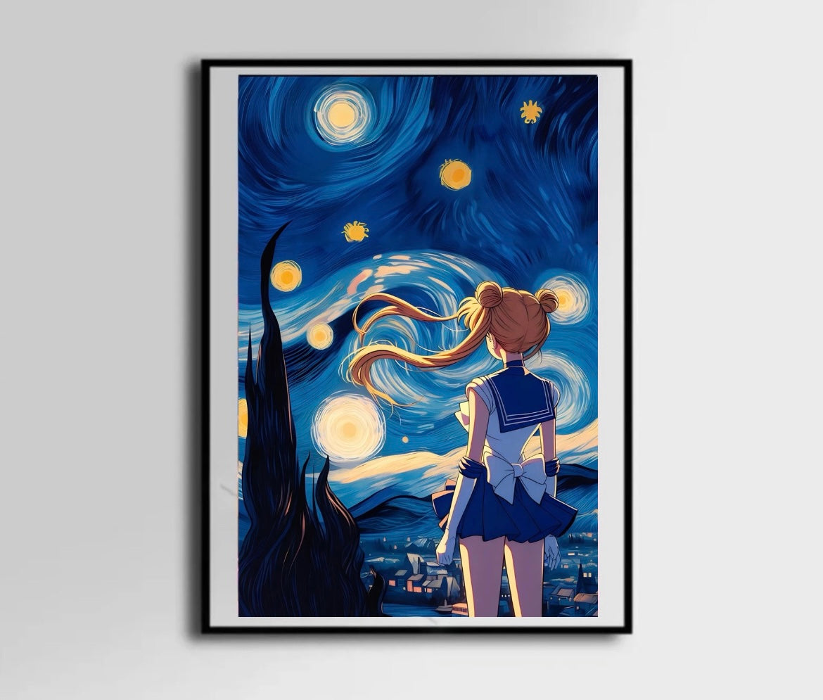 Moon Anime Girl Starry Night